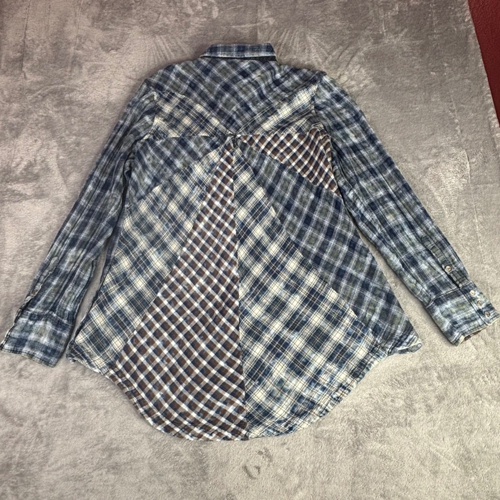 Ryan Michael Plaid Western Shirt Womens XL Blue Patchwork Acid Wash Snap‎ Front